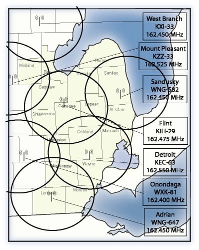 NOAA Weather Radio coverage map supporting tornado watch vs warning alert planning
