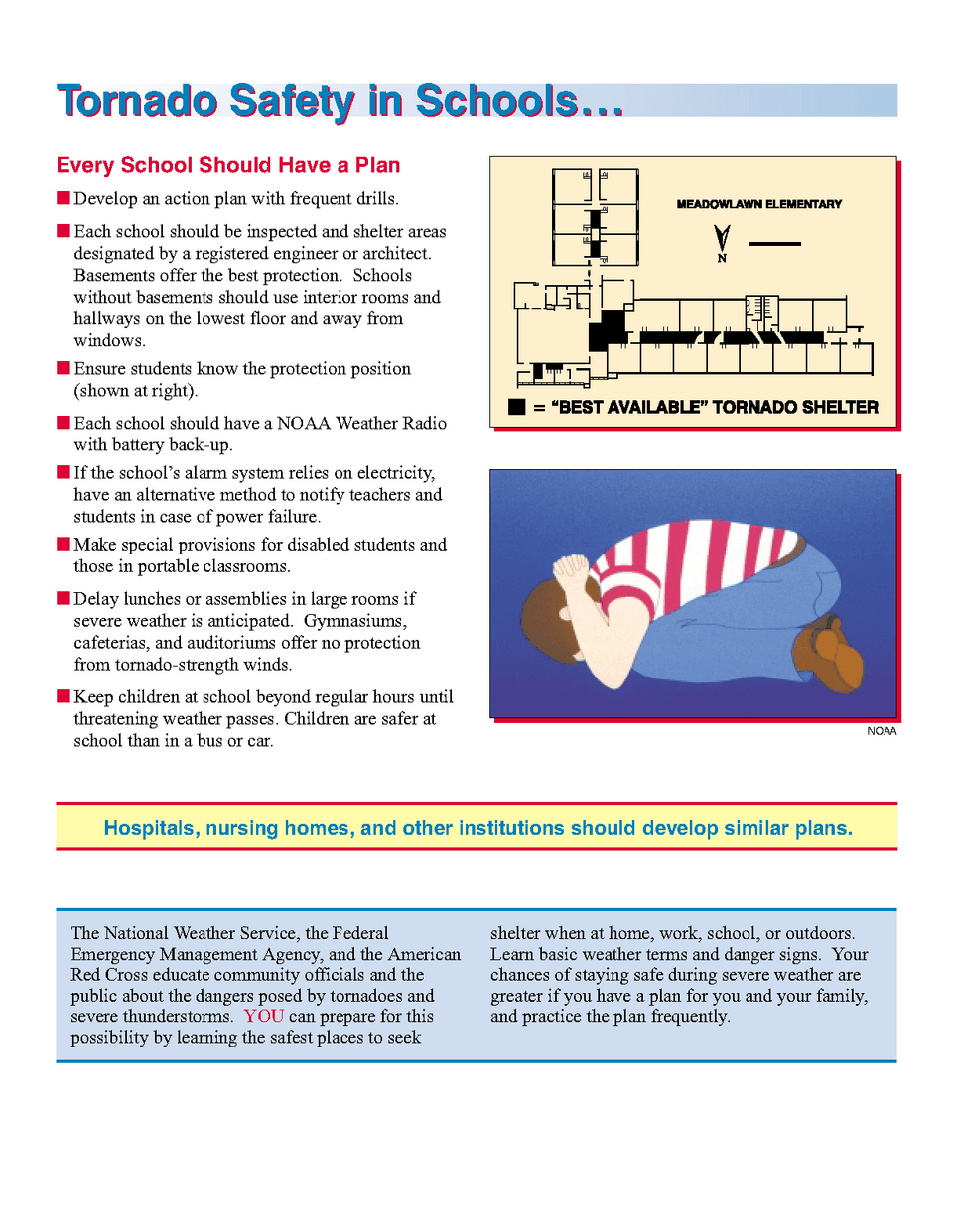 School tornado safety poster for tornado watch vs warning planning in classrooms and offices